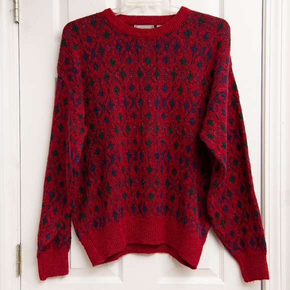 VTG 90s Christopher Hayes Fair Isle Red Geometric Pattern Grandpa Sweater Men L - Picture 1 of 3